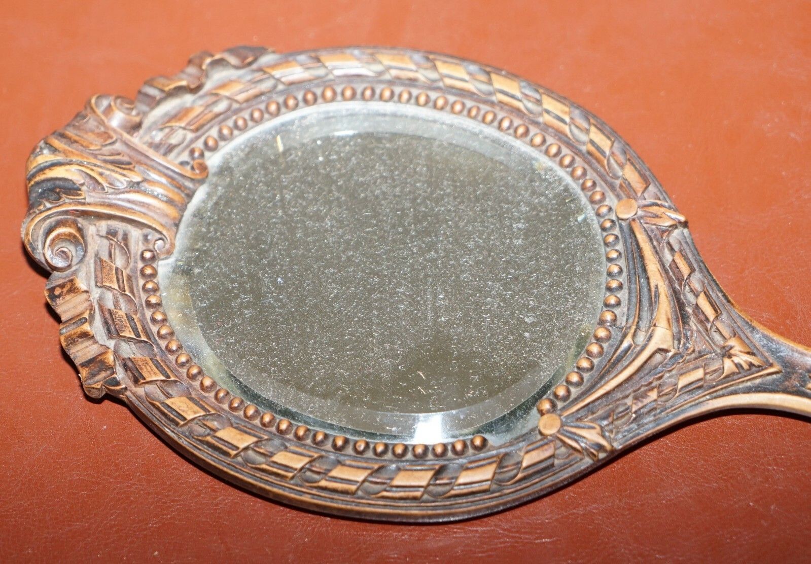Stunning Antique Black Forest Hand Carved Wood Dressing Table Mirror Hand Held photo furniture