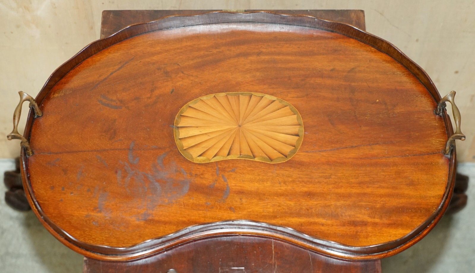 photo furniture Antique Circa 1880 Sheraton Revival Satinwood Walnut Serving Tray Bronze Handles