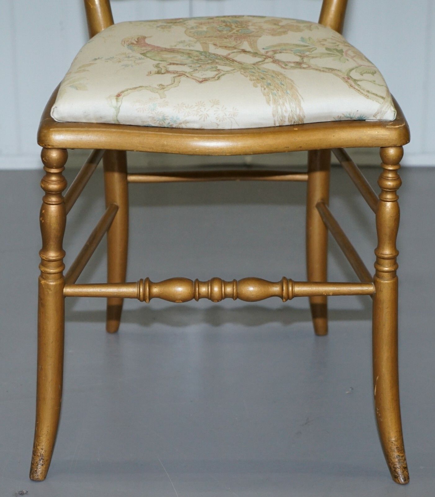 Regency Style Gold Gilt Wood Spindle Chair Circa 1900 Ornate Bird Upholstery photo vinterior