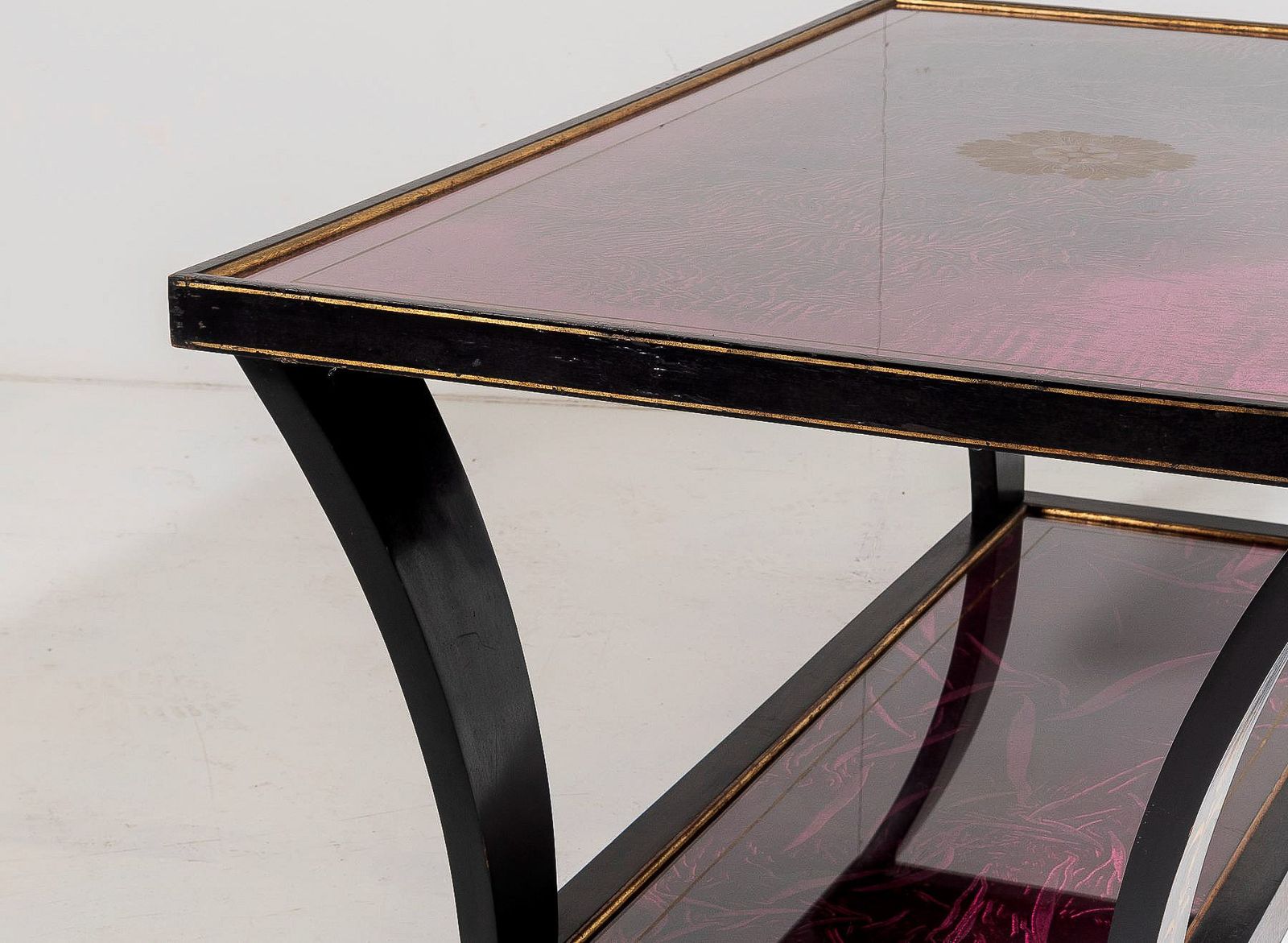 Vintage Italian Glass Top Coffee Table Ebonised Gilt With Crushed Velvet Versace Cloth photo vinterior