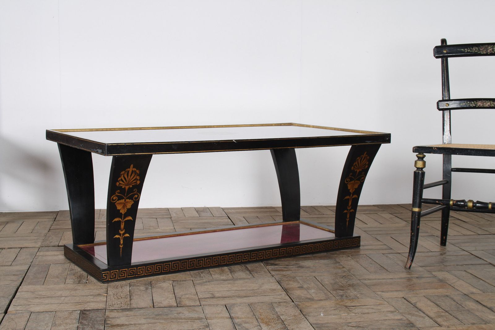 Vintage Italian Glass Top Coffee Table Ebonised Gilt With Crushed Velvet Versace Cloth photo for sale