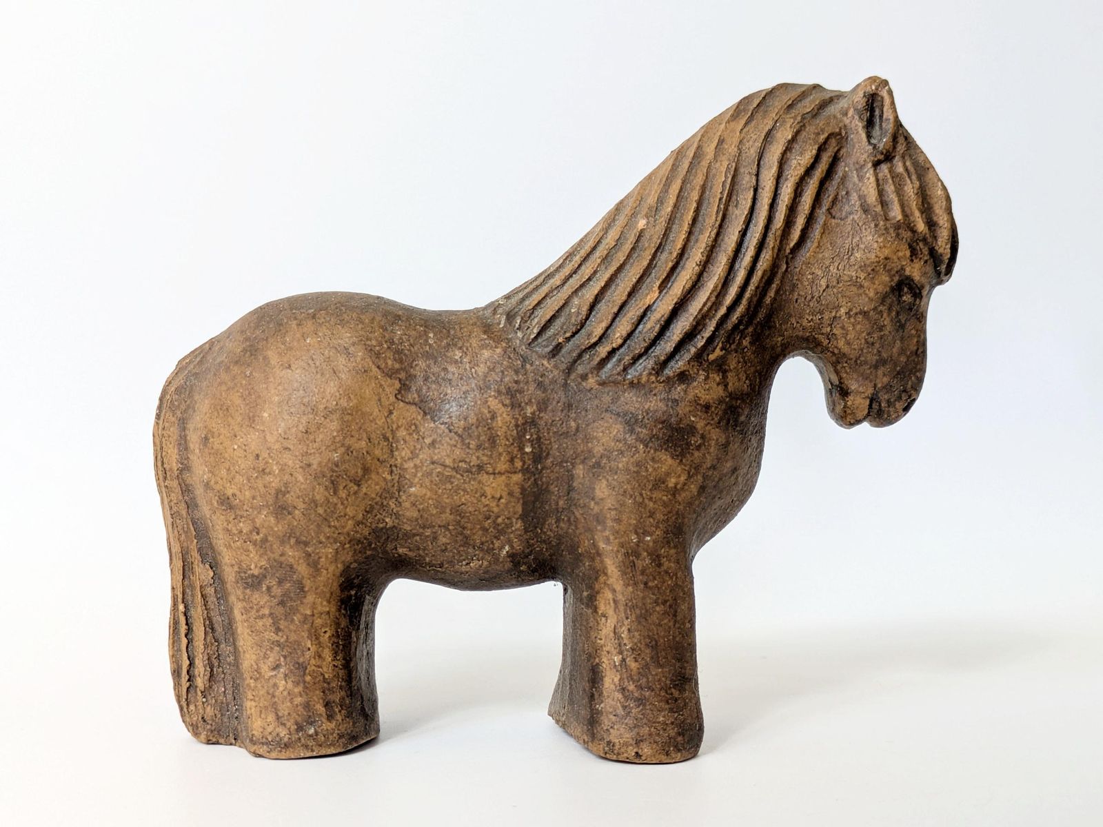 Pair Of Midcentury Stoneware Horse Figurines, Mare And Foal, Scandinavian Style, Rustic Farmhouse Decor photo for sale