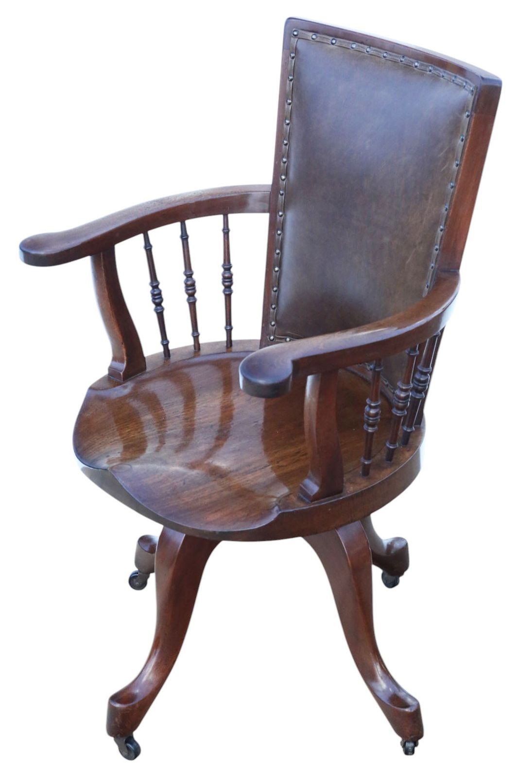 Antique C.1900 Mahogany And Leather Swivel Captain’s Chair – Quality Desk Chair photo for sale