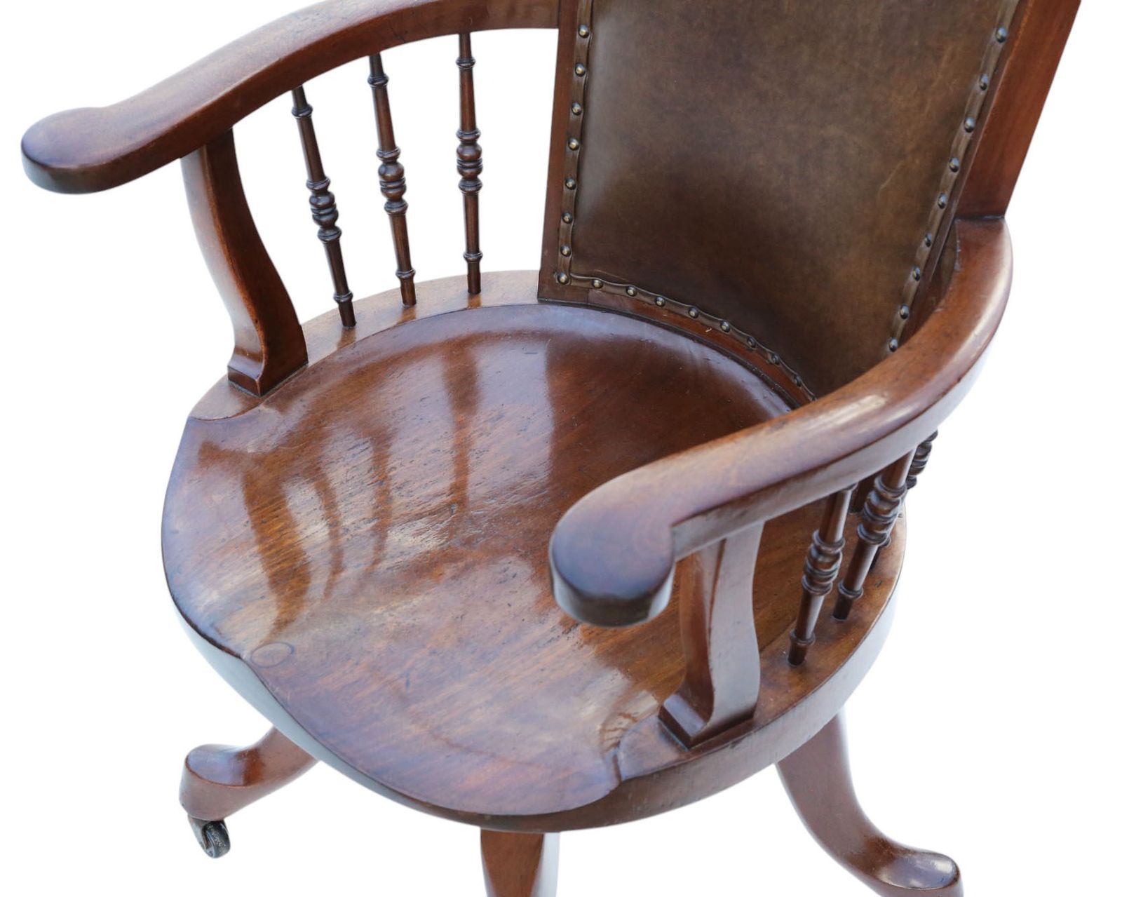 Furniture Antique C.1900 Mahogany And Leather Swivel Captain’s Chair – Quality Desk Chair photo