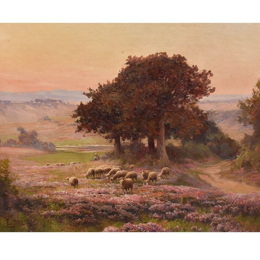 Antique Oil Painting, Landscape With French Moorland And Flock, XIX Century photo for sale
