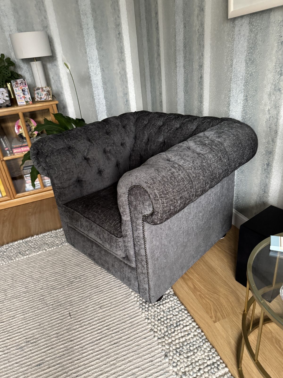 Chesterfield Club Chair   Grey Textured Chenille photo for sale