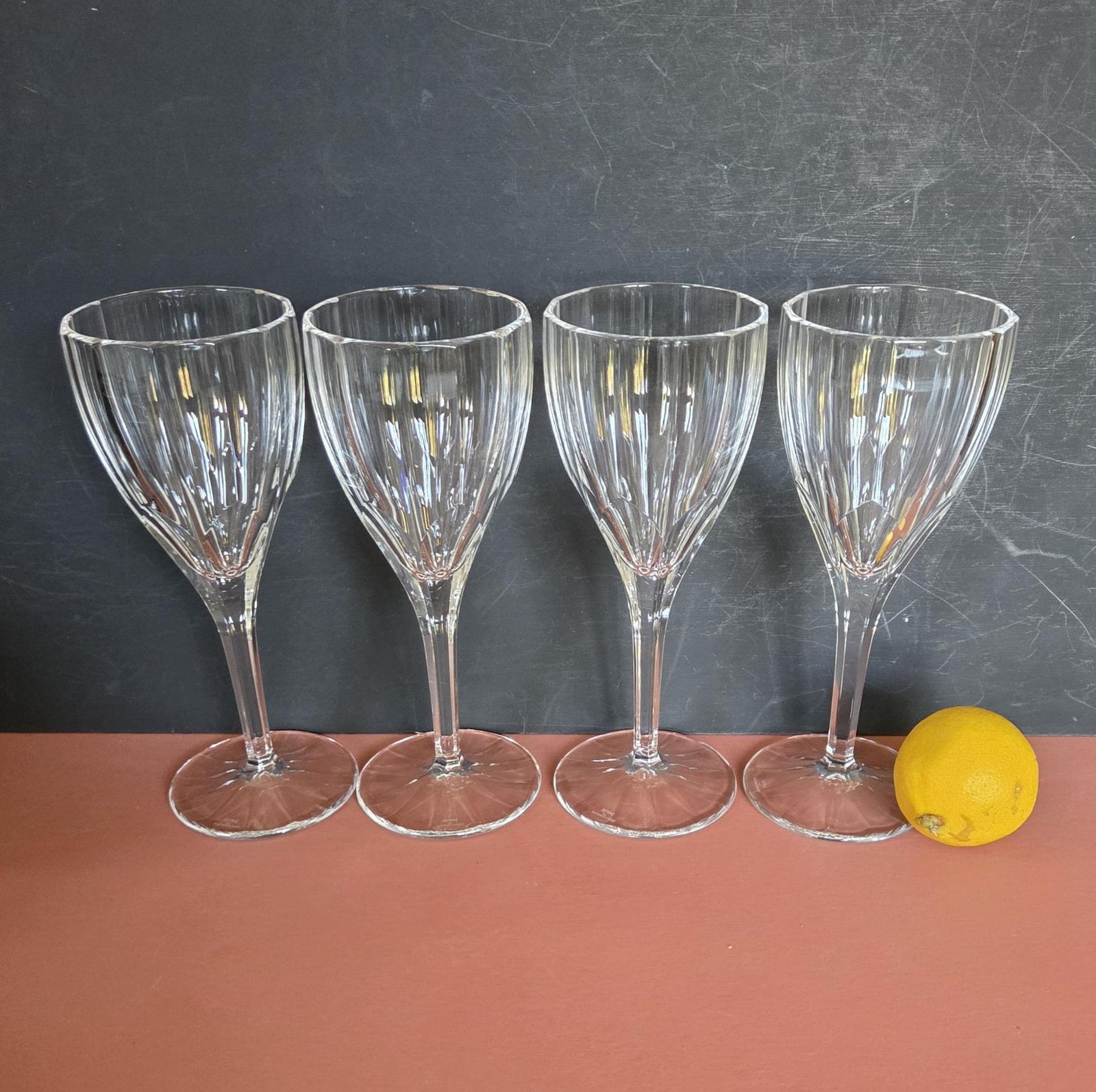 A Set Of 4 Vintage Stuart Crystal Large 8 Inch Wine Or Water Goblets In Ashbury Pattern, 1980s