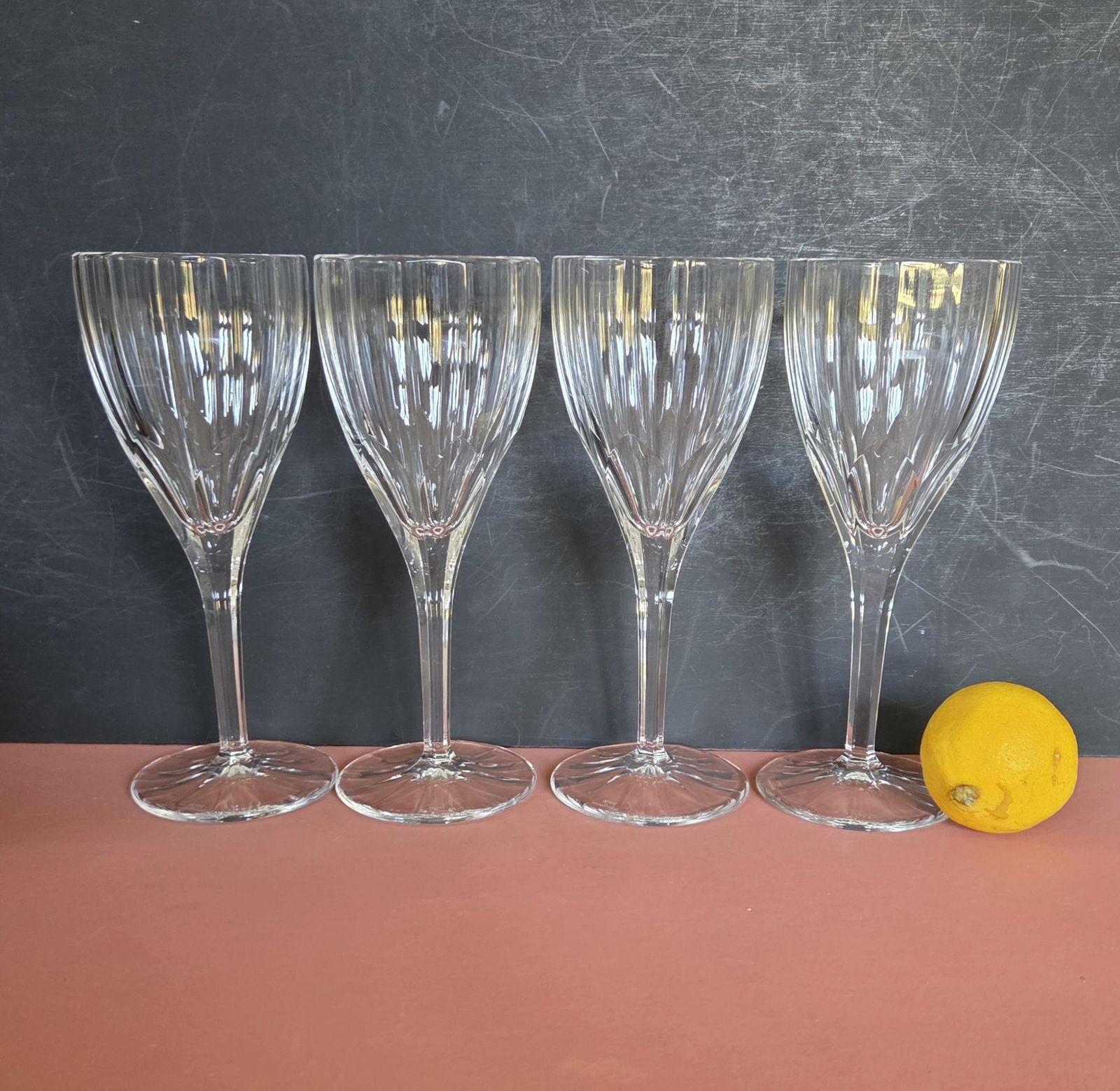 A Set Of 4 Vintage Stuart Crystal Large 8 Inch Wine Or Water Goblets In Ashbury Pattern, 1980s photo for sale