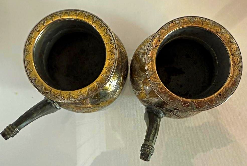 1850s Silver Plate And Brass Engraved Indian Lota, Set Of 2 photo Home Decor