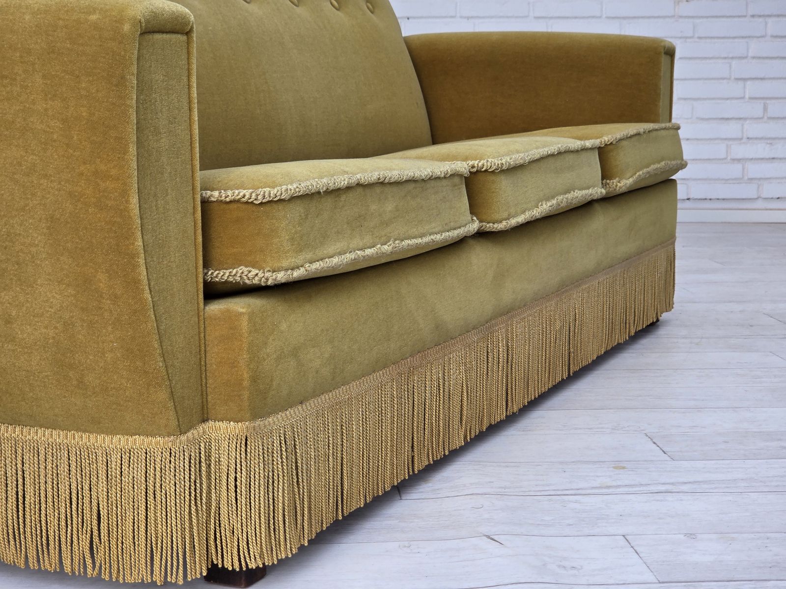photo for sale 1970s, Danish 3 Seater Sofa, Original Light Green Furniture Velour.
