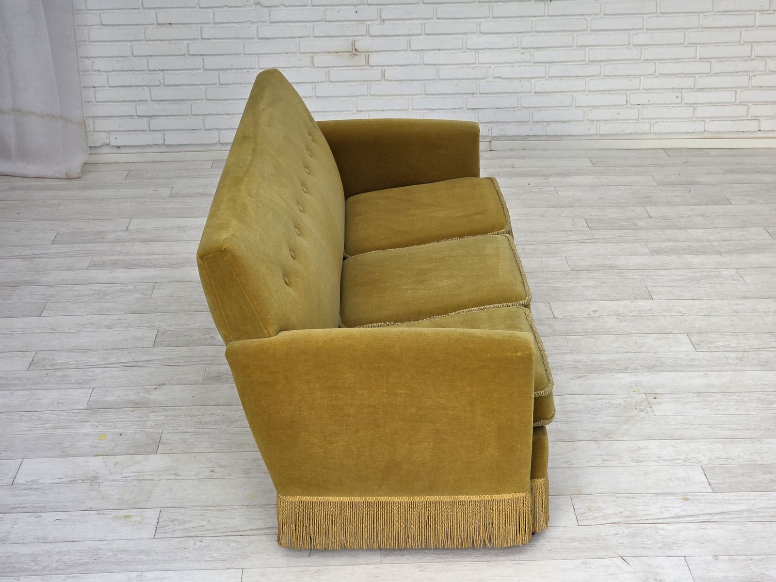 Furniture 1970s, Danish 3 Seater Sofa, Original Light Green Furniture Velour. photo