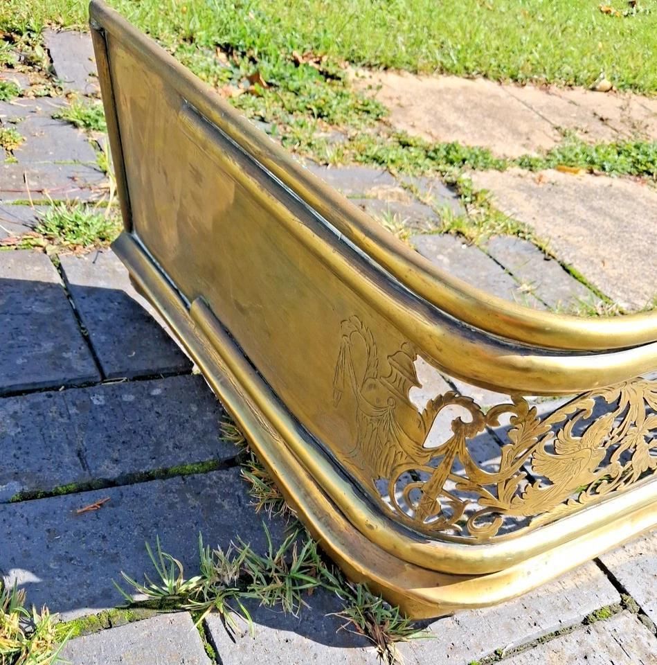 Antique Brass Fire Fender With Mythical Creatures And Urns photo buy