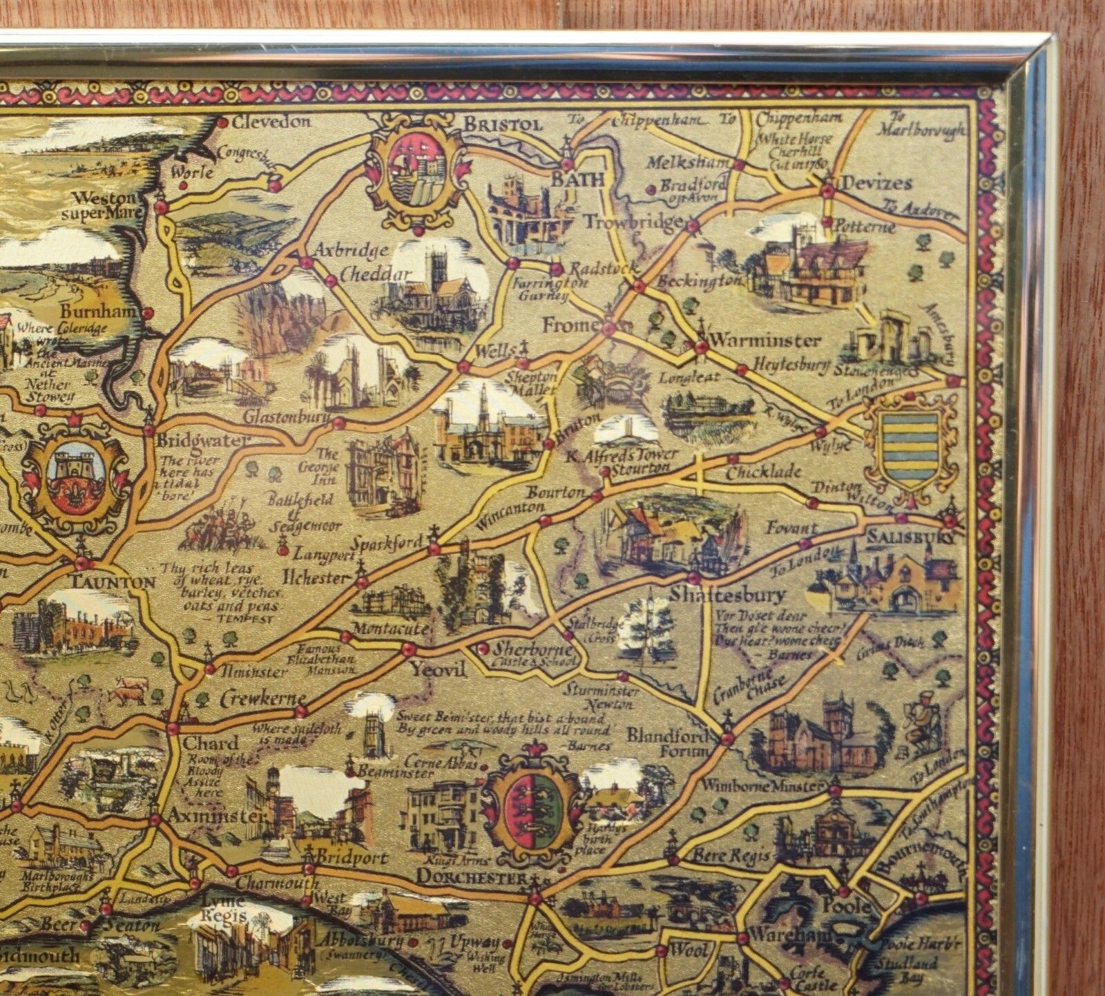 Gold Leaf Foil Pictorial Plan Map Of The West Country Of England Antique Style photo buy