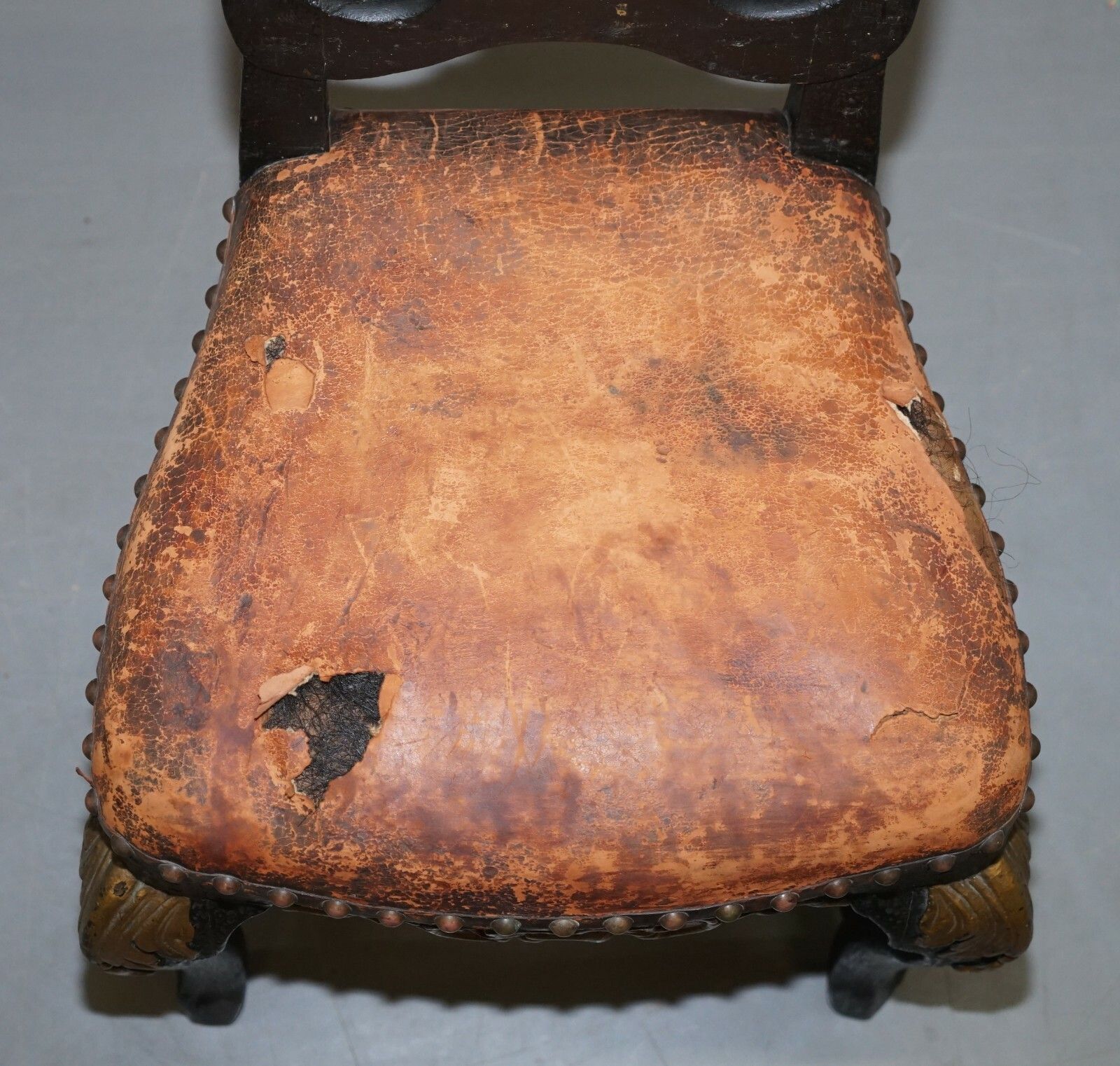 Old Spanish Throne Occasional High Back Chair Period Distressed Paint & Leather photo vinterior