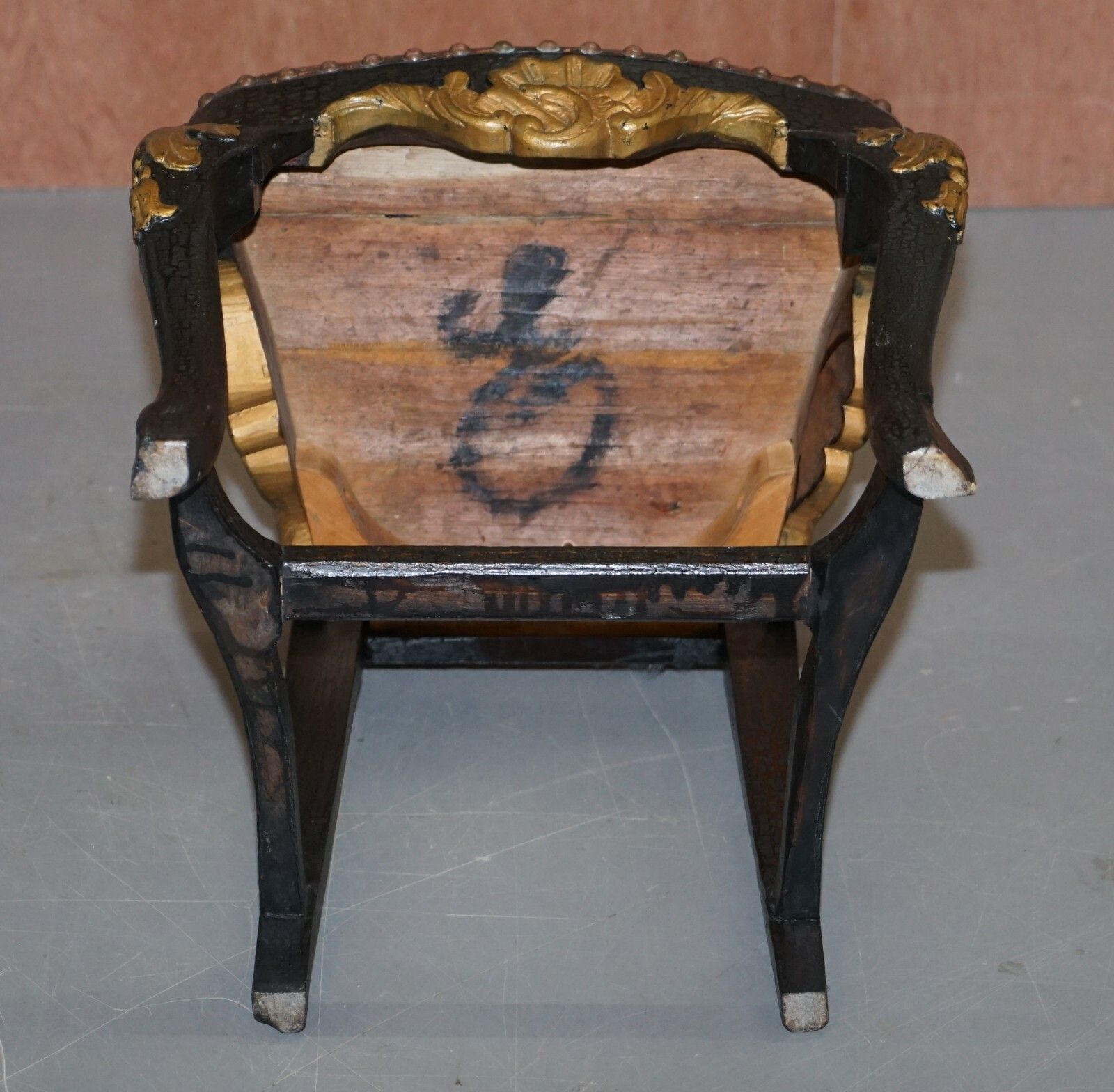Furniture Old Spanish Throne Occasional High Back Chair Period Distressed Paint & Leather photo