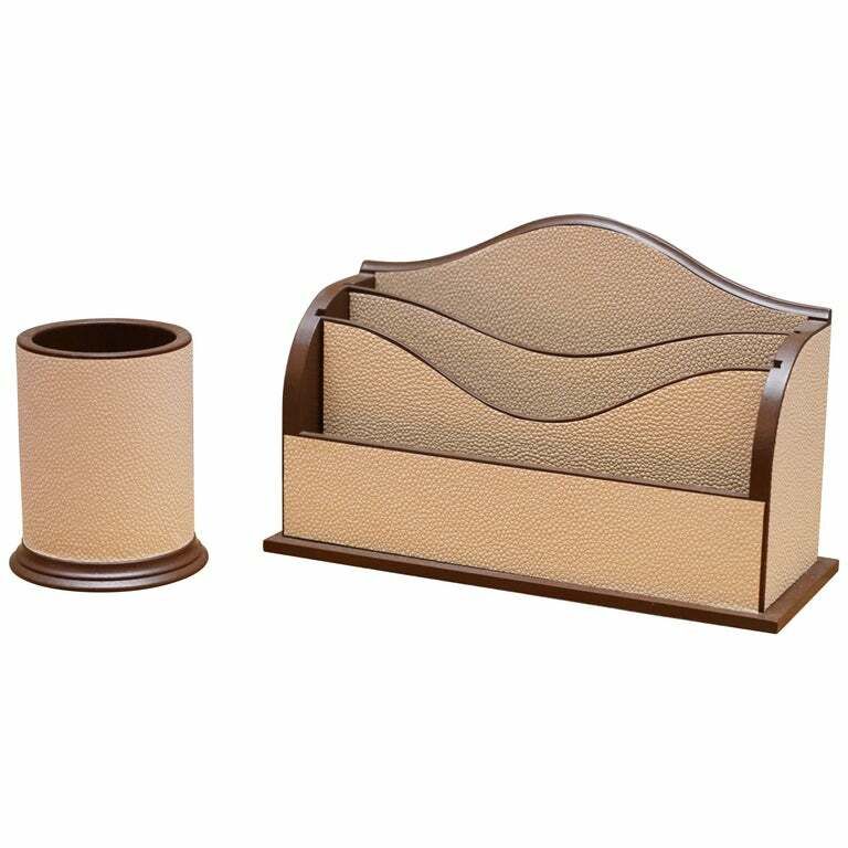 New Pair Of Desk Accessories Faux Shagreen Sharkor Ray Skin Pen Pot & Desk Tidy