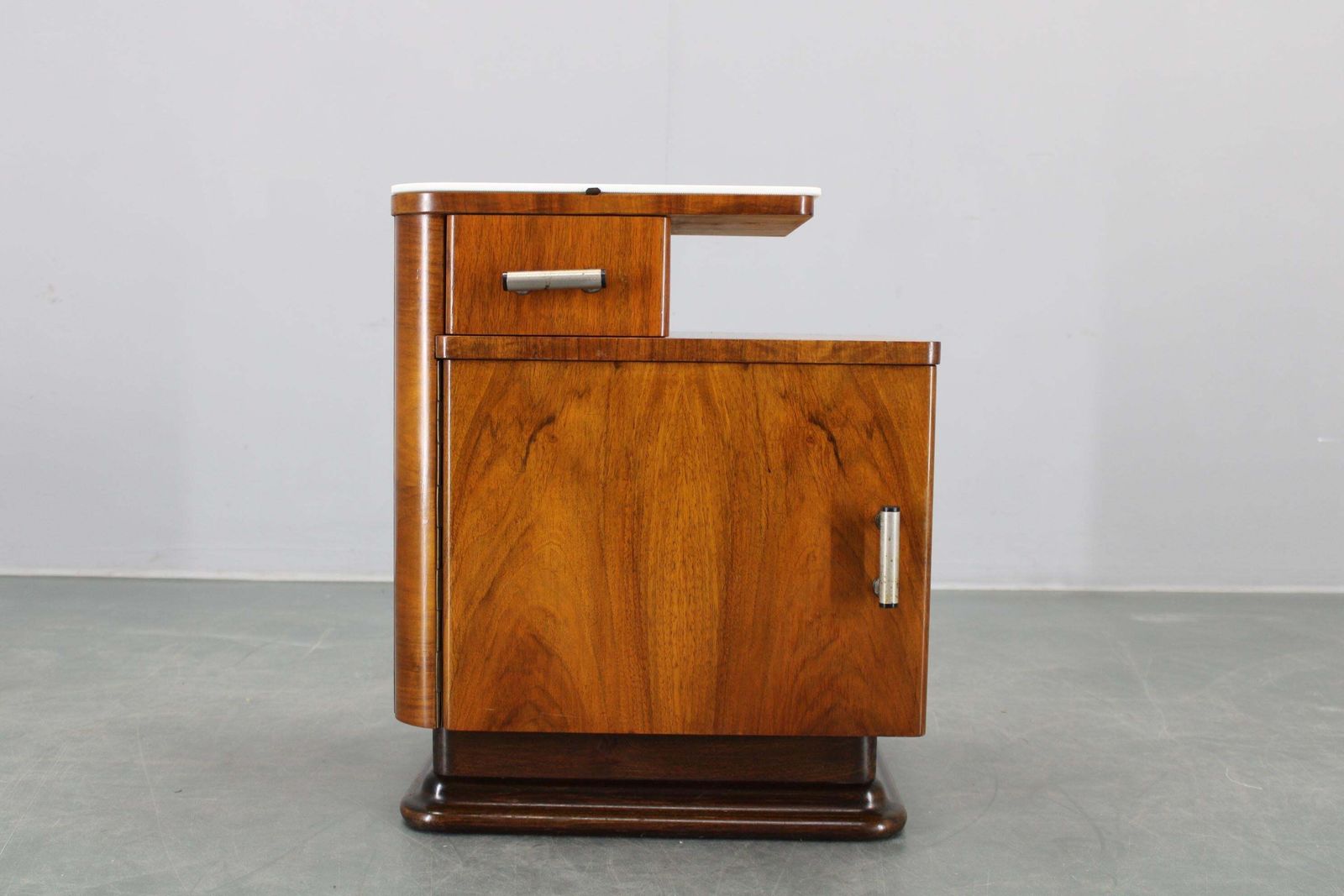 1940s Night Stand In Walnut Finish With Glass Top, Czechoslovakia photo furniture