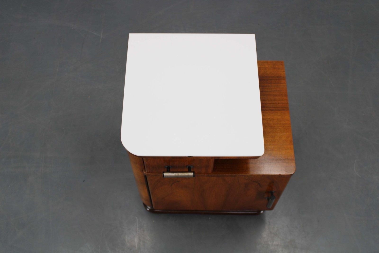 1940s Night Stand In Walnut Finish With Glass Top, Czechoslovakia photo for sale