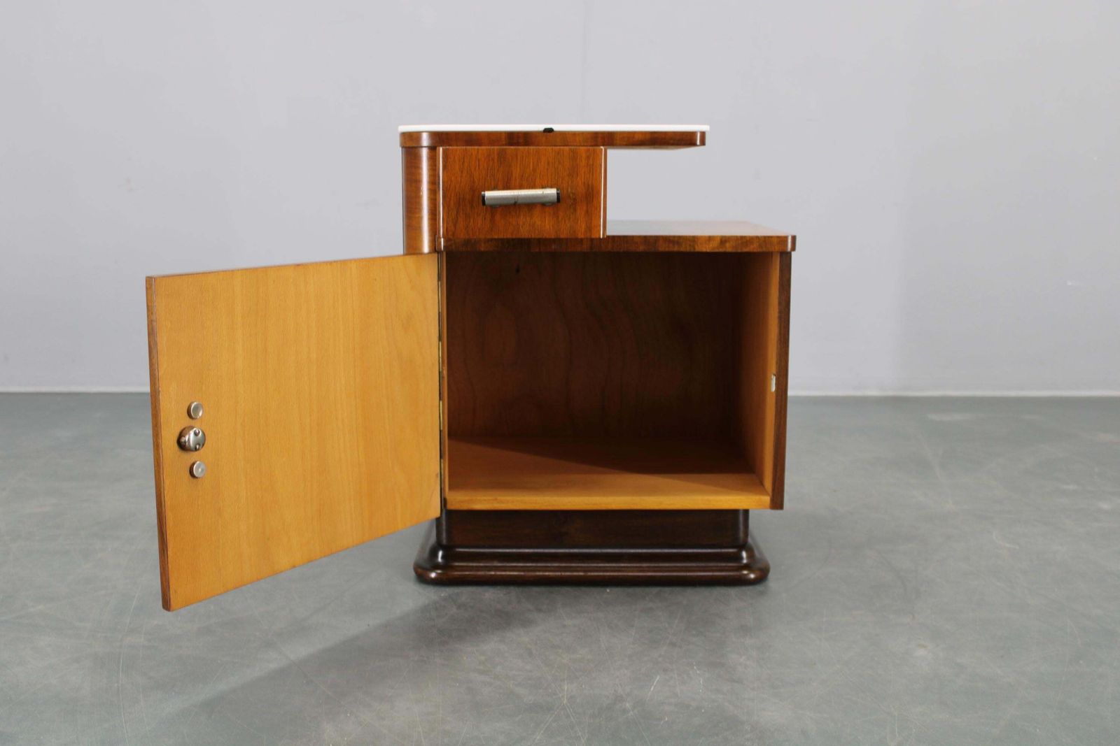 1940s Night Stand In Walnut Finish With Glass Top, Czechoslovakia photo 448.0