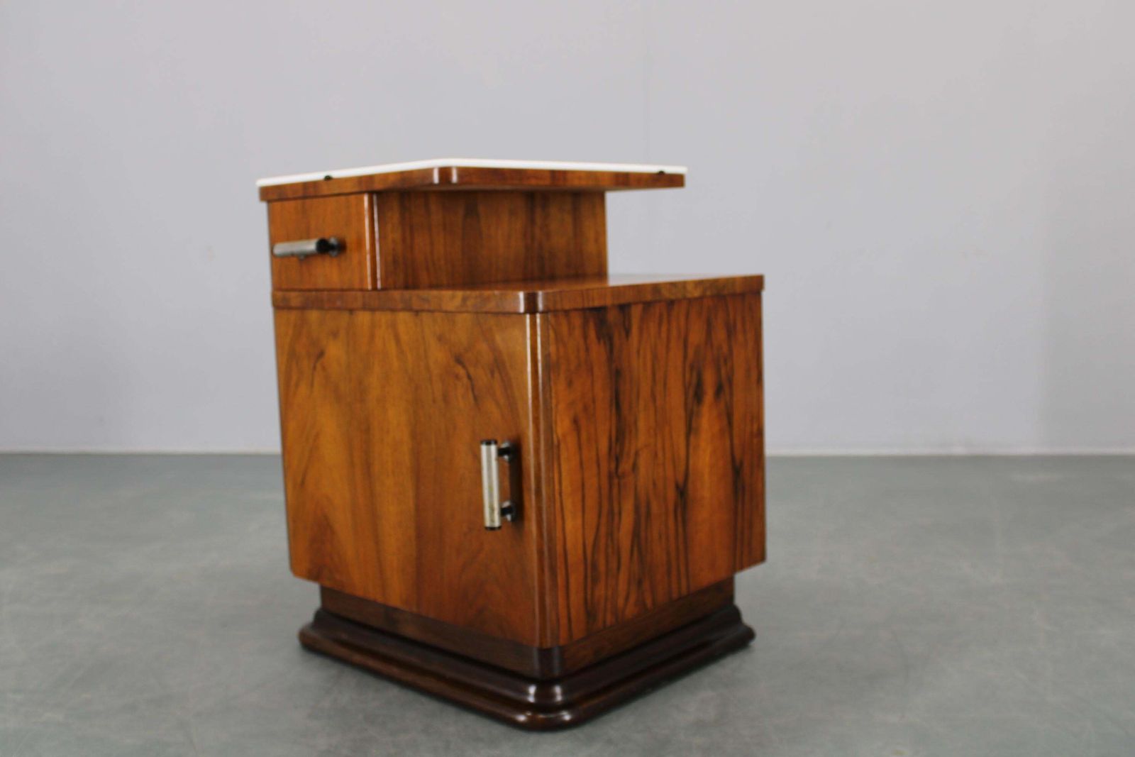 Furniture 1940s Night Stand In Walnut Finish With Glass Top, Czechoslovakia photo