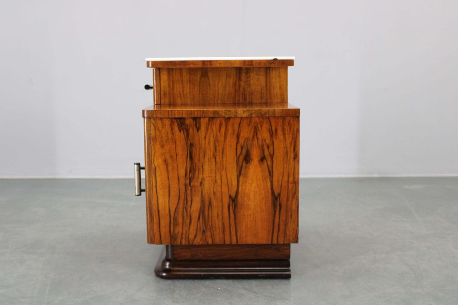 448.0 1940s Night Stand In Walnut Finish With Glass Top, Czechoslovakia photo