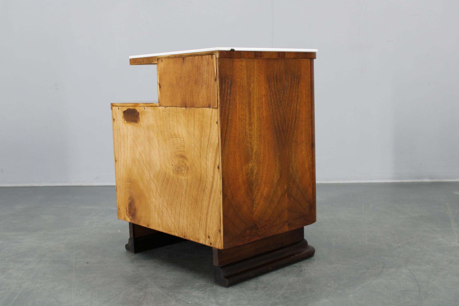 photo vintage 1940s Night Stand In Walnut Finish With Glass Top, Czechoslovakia