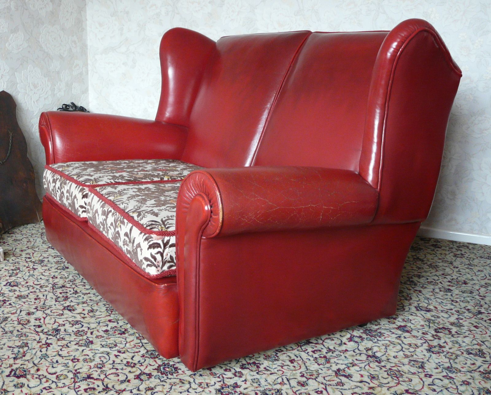 Red Leather Sofa And Two Matching Armchairs   Mid Century 3 Piece Suite photo 50.0