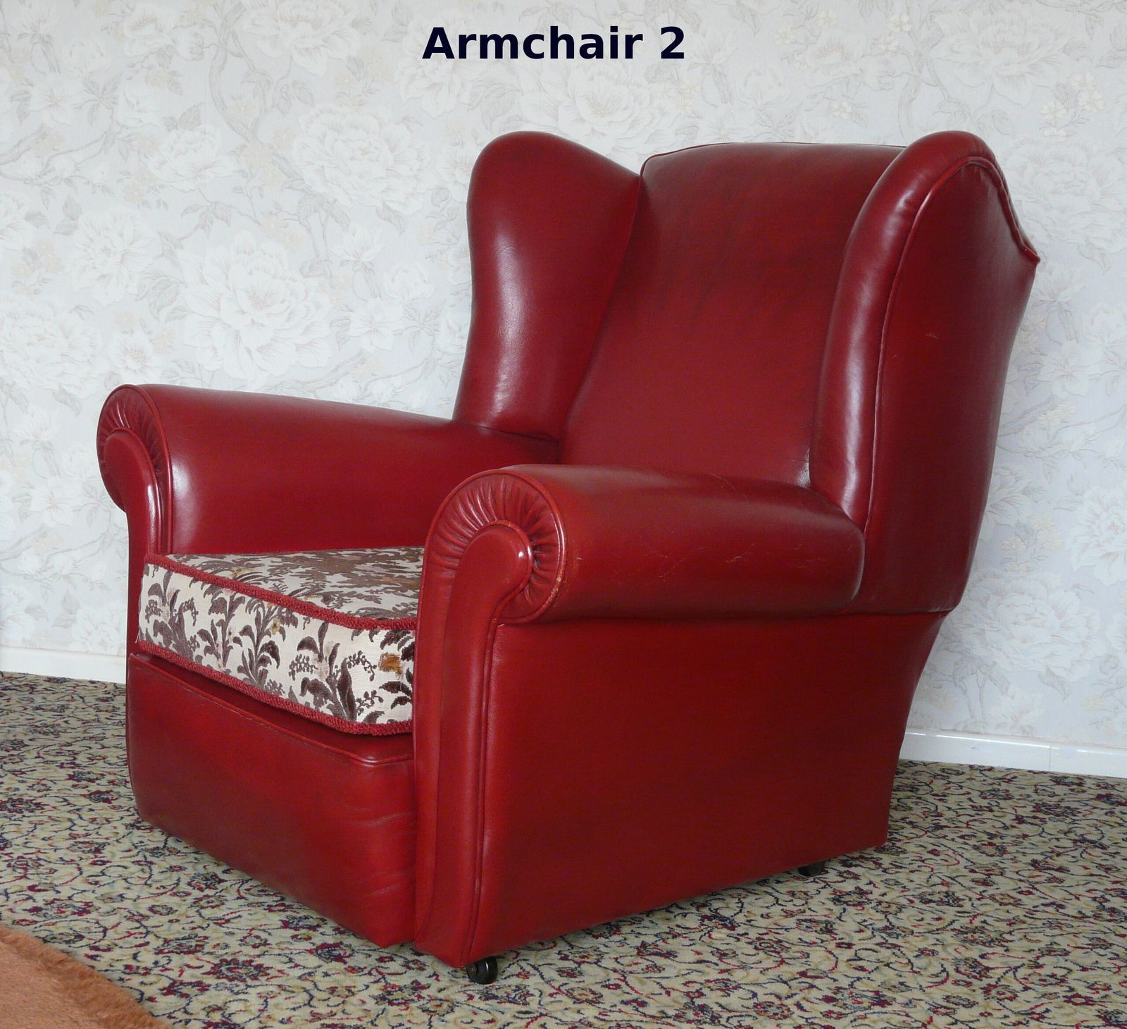 photo furniture Red Leather Sofa And Two Matching Armchairs   Mid Century 3 Piece Suite