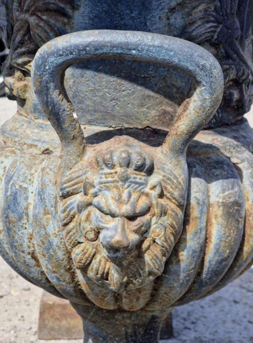 Pair Huge 19th Century Cast Iron Campana Urns Lion Mask Handles  Delivery  Available 0088. photo Home Decor