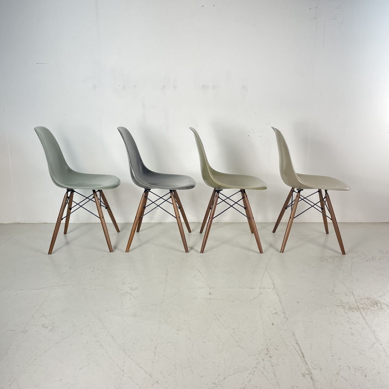 photo for sale Eames Herman Miller Dsw Side Chairs In Seafoam / Elephant Grey / Umber / Light Griege