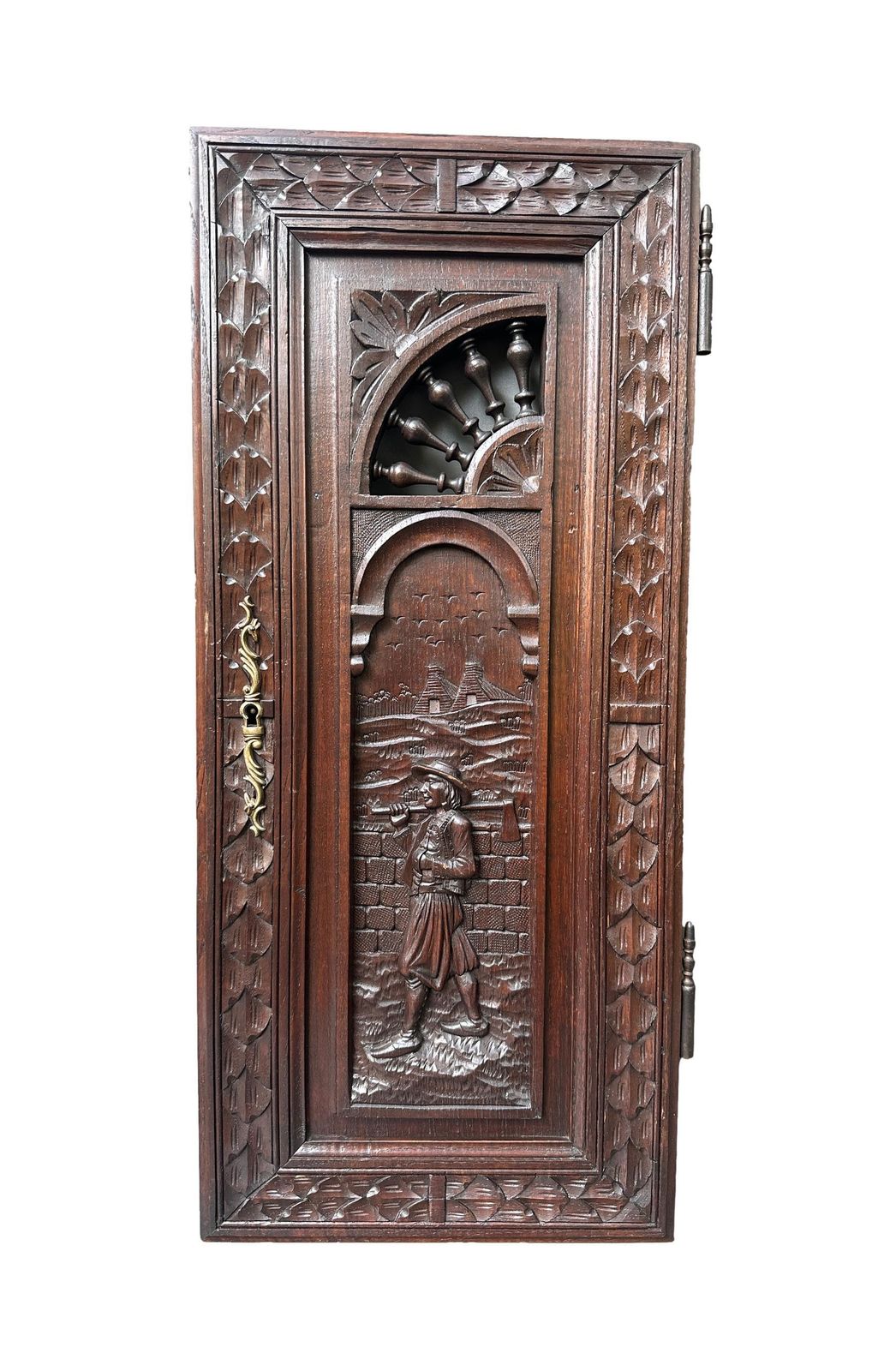 French Breton Carved Oak Door, Woodsman Scene, Late 19thc / Early 20thc, Upper Cabinet Antique Panel