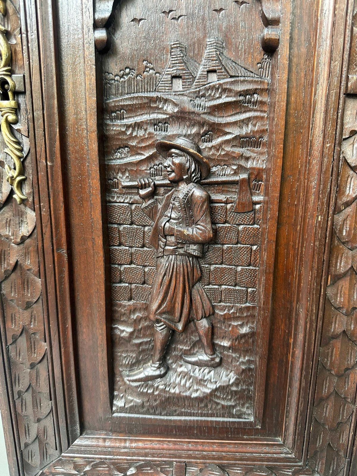 French Breton Carved Oak Door, Woodsman Scene, Late 19thc / Early 20thc, Upper Cabinet Antique Panel photo for sale