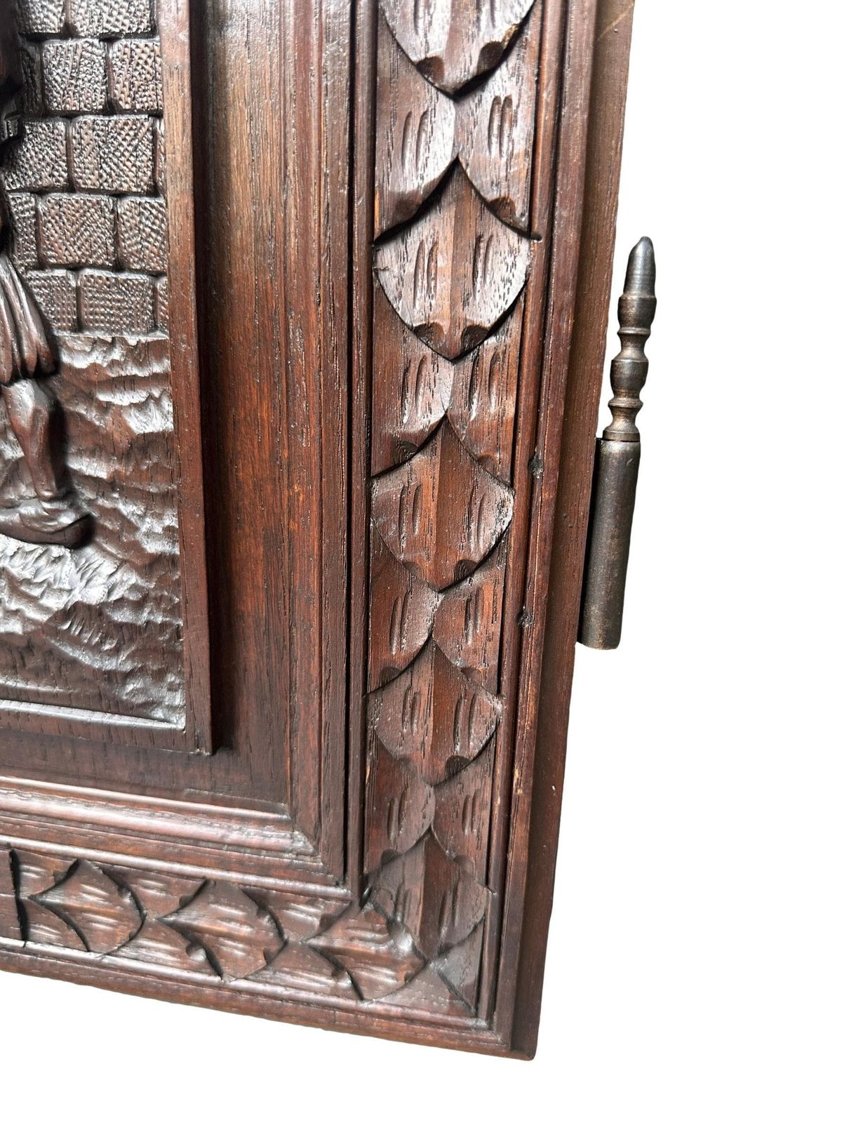 French Breton Carved Oak Door, Woodsman Scene, Late 19thc / Early 20thc, Upper Cabinet Antique Panel photo 360.0