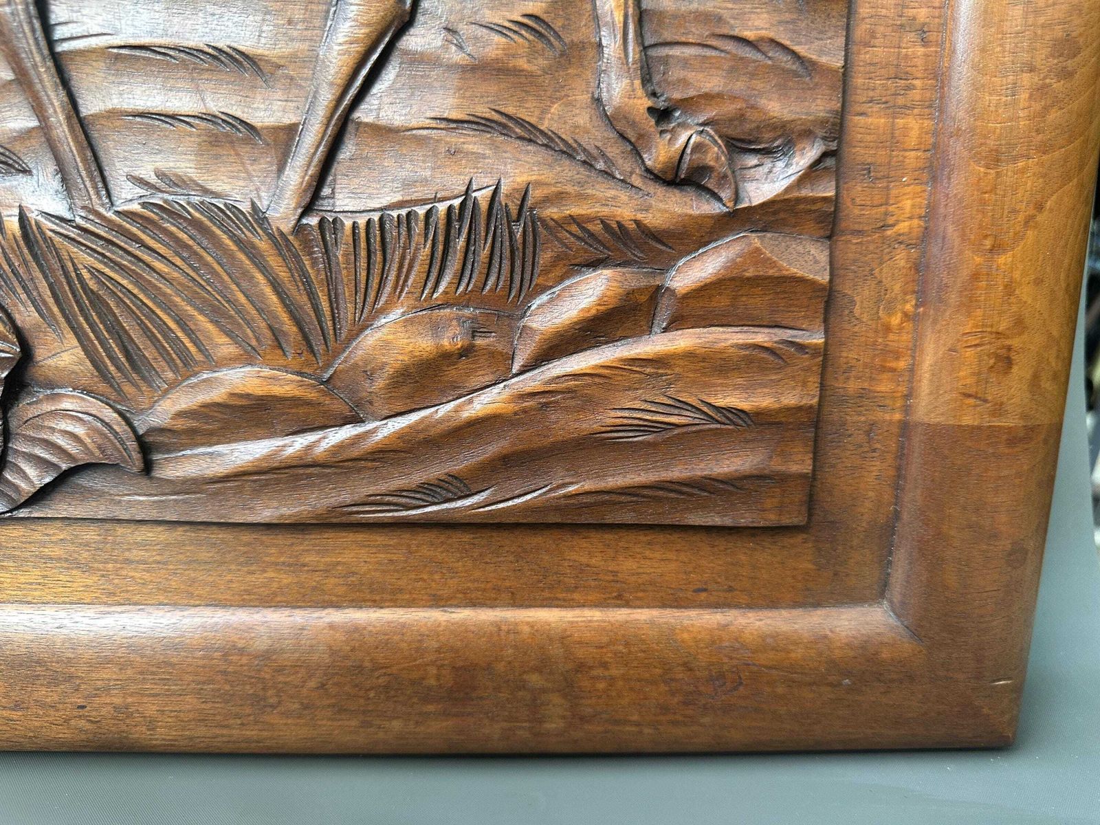 Large Art Deco Carved Walnut Panel   Woodland Scene Of Deer Family photo 497.0
