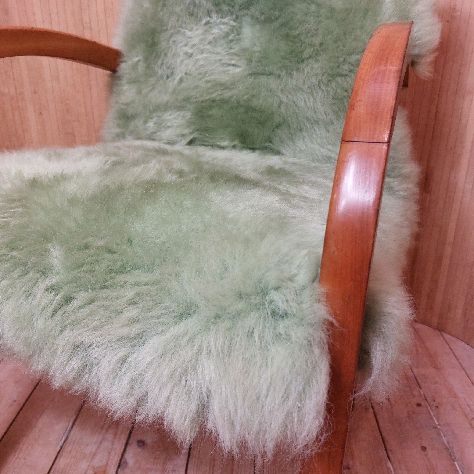 Fab Vintage Art Deco Style Beech Bentwood Bridge Chair Sage Green Sheepskin photo for sale