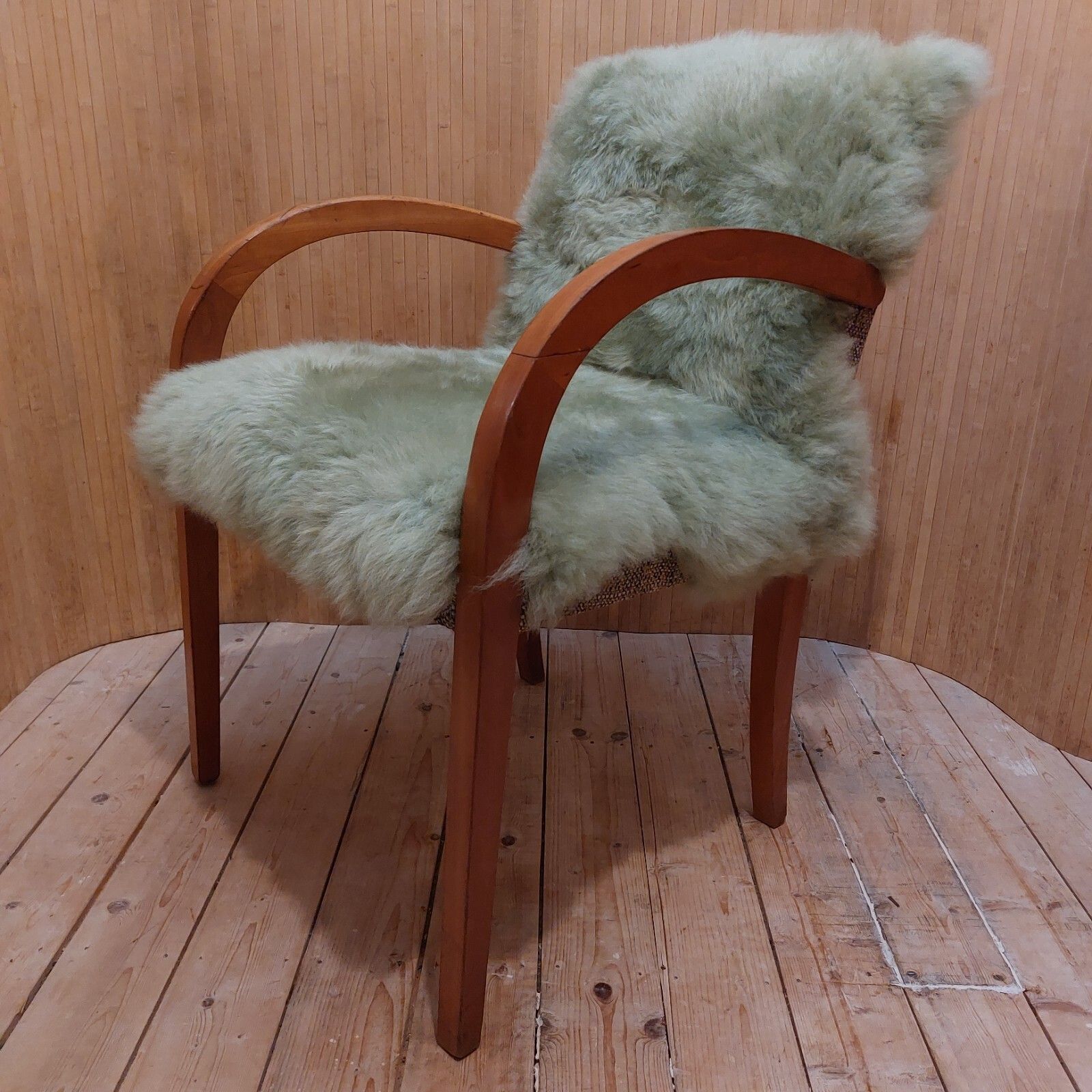 Fab Vintage Art Deco Style Beech Bentwood Bridge Chair Sage Green Sheepskin photo 395.0