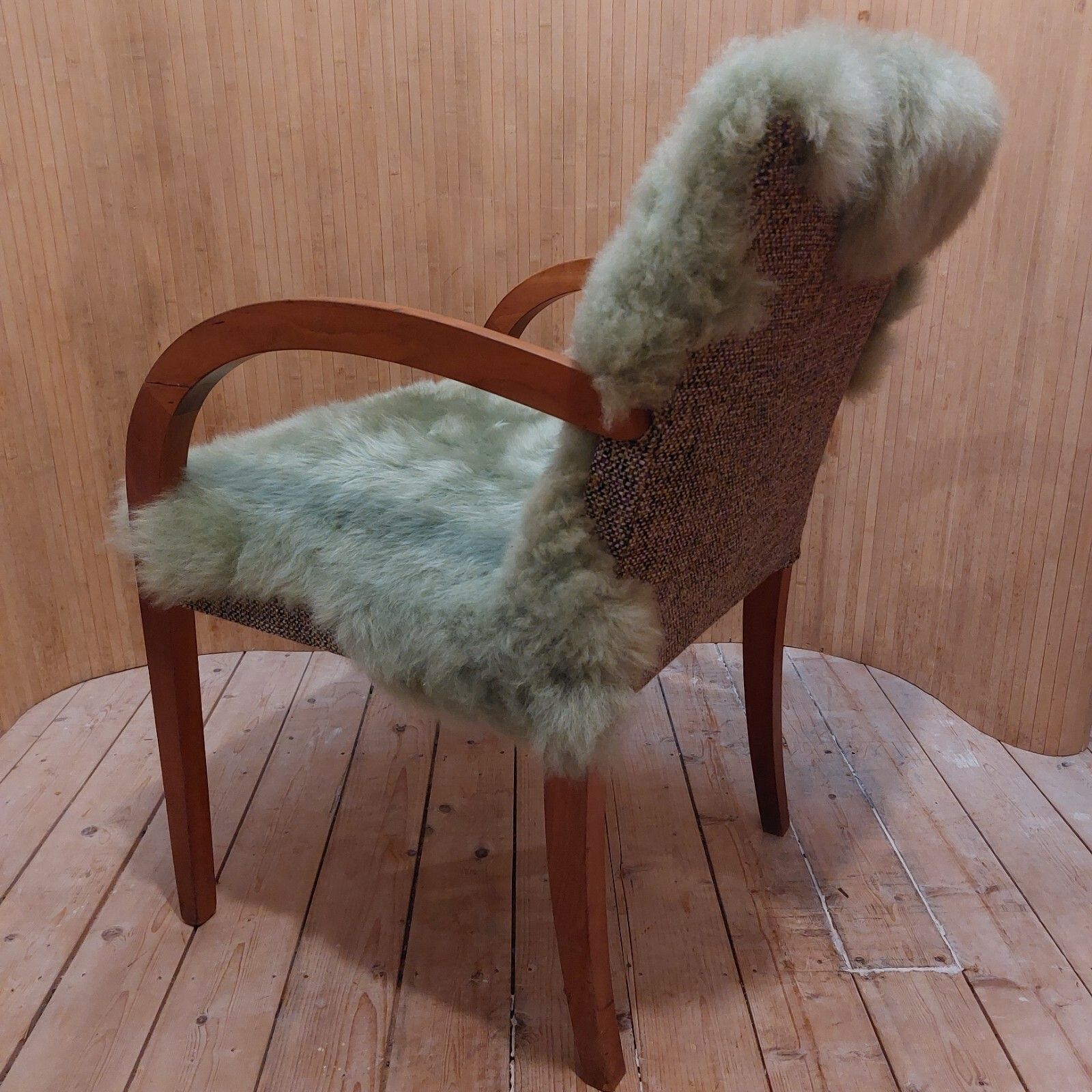 photo furniture Fab Vintage Art Deco Style Beech Bentwood Bridge Chair Sage Green Sheepskin