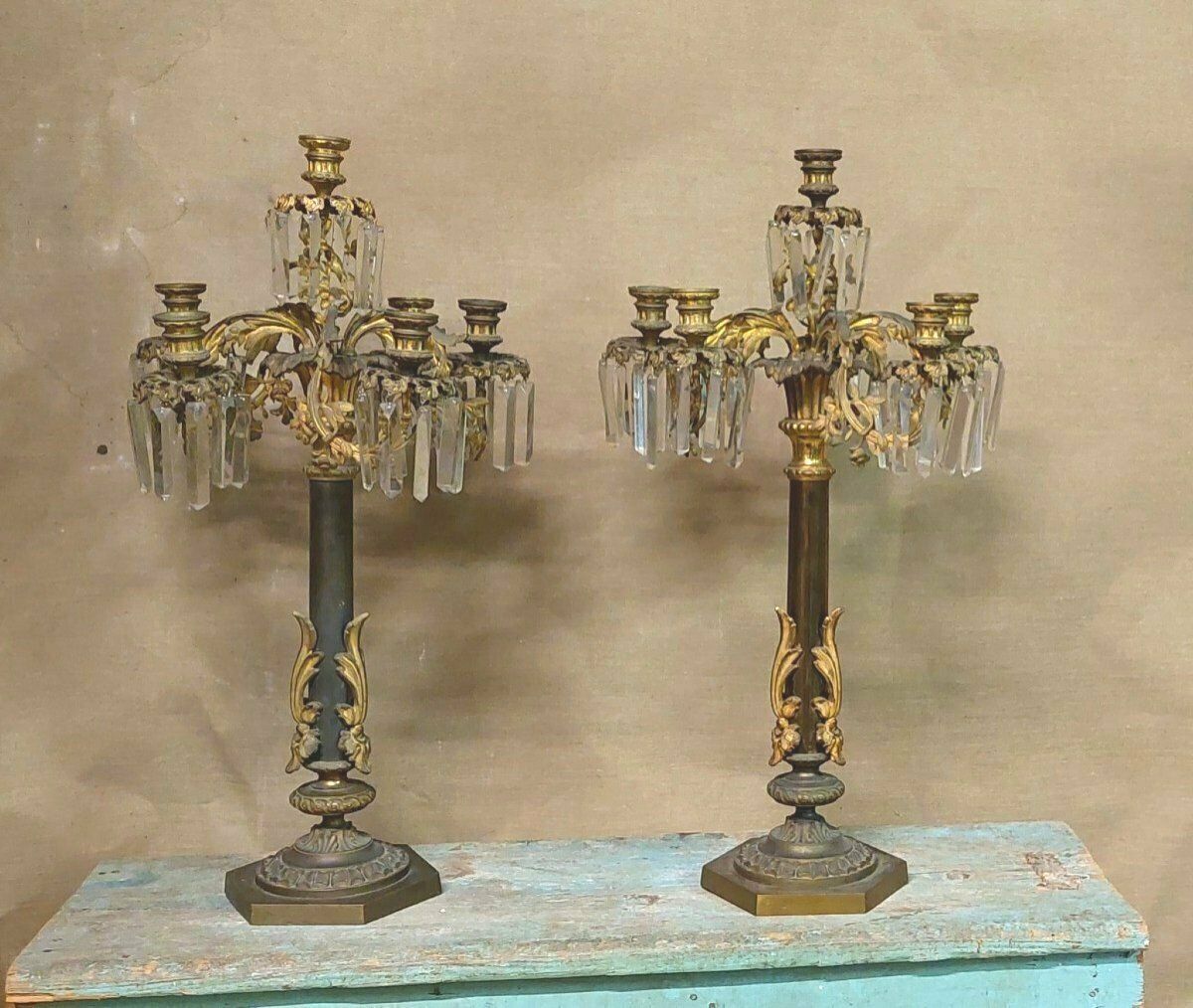 Pair Of Large Gilt Bronze Six Light Candlesticks photo furniture