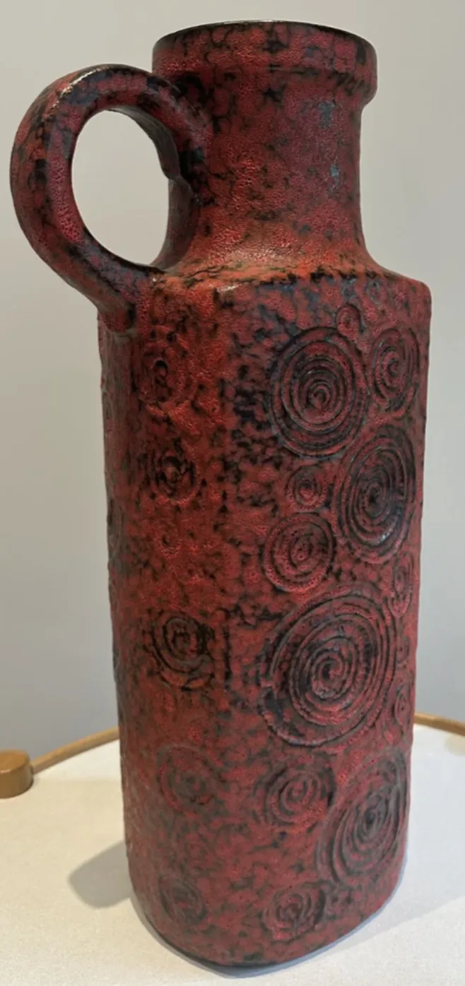 1970s German Fat Lava Scheurich Keramik Red & Black Handled "Jura" Pottery Vase photo for sale