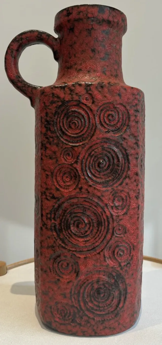 1970s German Fat Lava Scheurich Keramik Red & Black Handled "Jura" Pottery Vase photo 245.0
