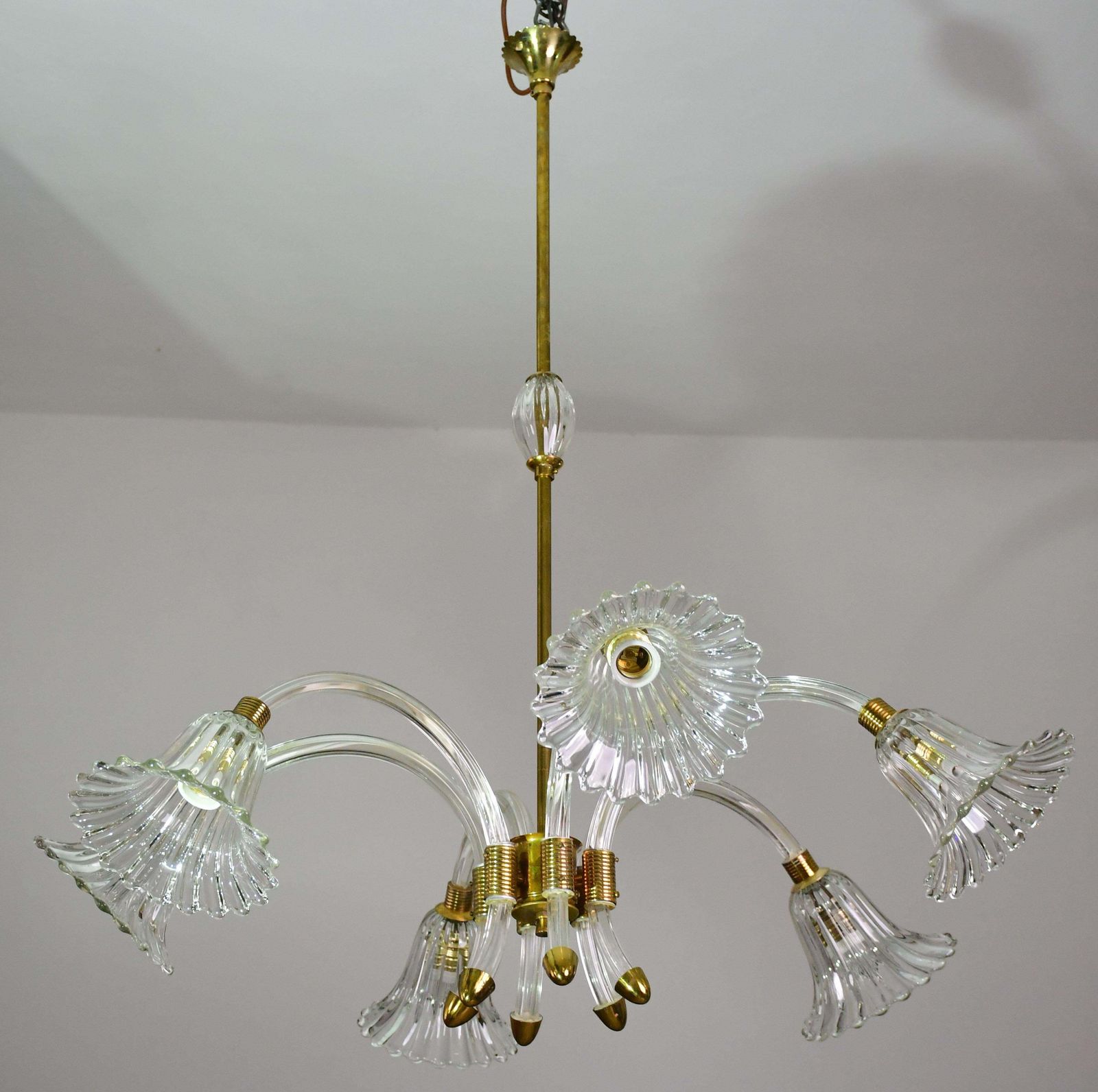 photo for sale Amazing 6 Light Art Deco Murano Glass And Brass Chrome Chandelier By Barovier