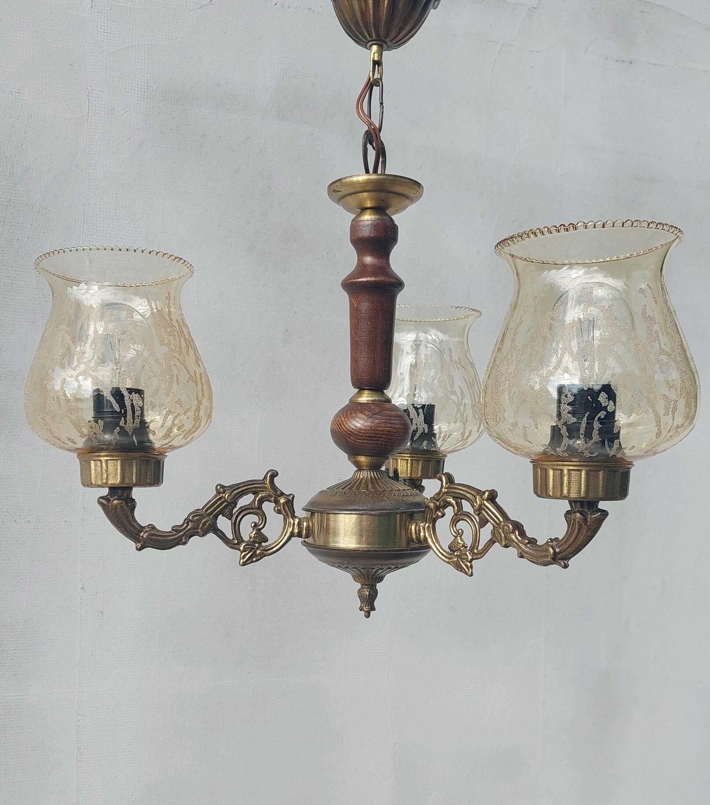 Antique Brass And Wood Chandelier, Vintage 3 Light Ceiling Fixture With Amber Glass Shades, Retro Mid Century Lighting, 60's
