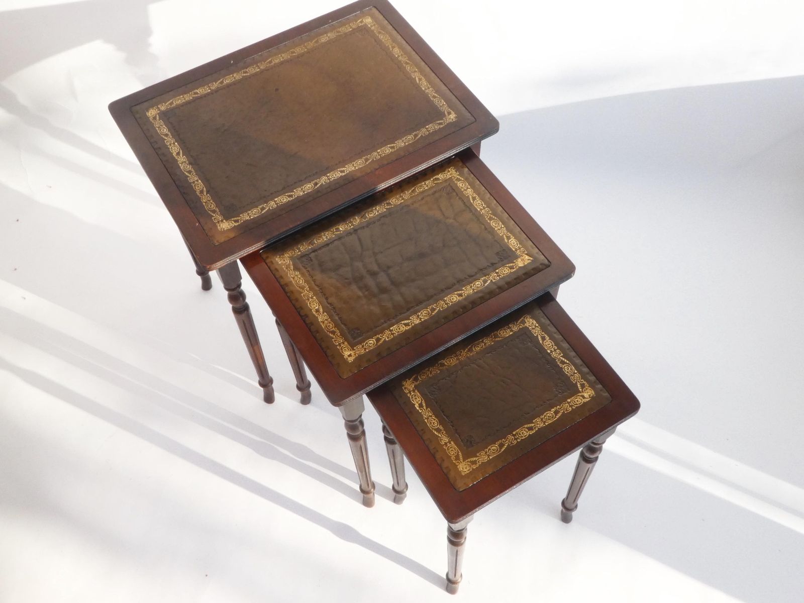 French Wooden Set Of Three Tables With Brown Inlaid Leather, Nesting Tables photo furniture
