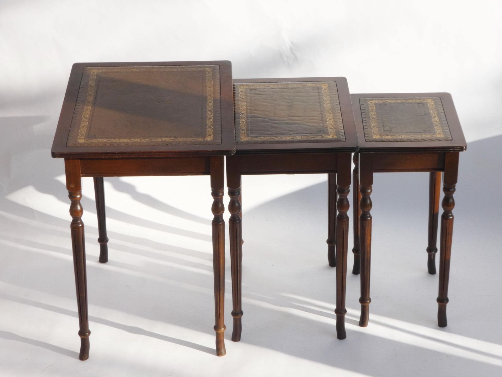 French Wooden Set Of Three Tables With Brown Inlaid Leather, Nesting Tables photo Furniture