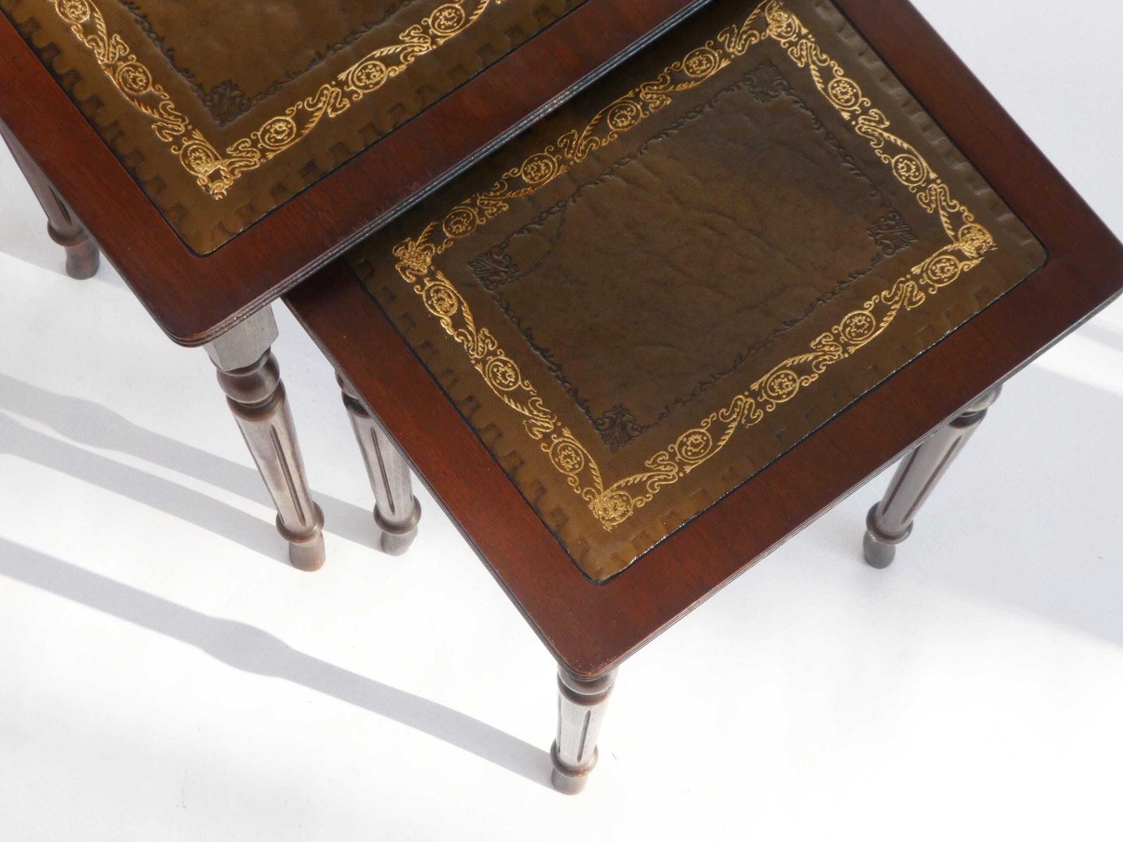 French Wooden Set Of Three Tables With Brown Inlaid Leather, Nesting Tables photo vinterior