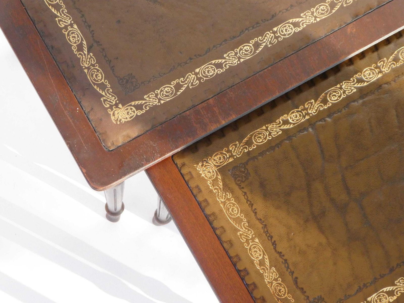 French Wooden Set Of Three Tables With Brown Inlaid Leather, Nesting Tables photo buy