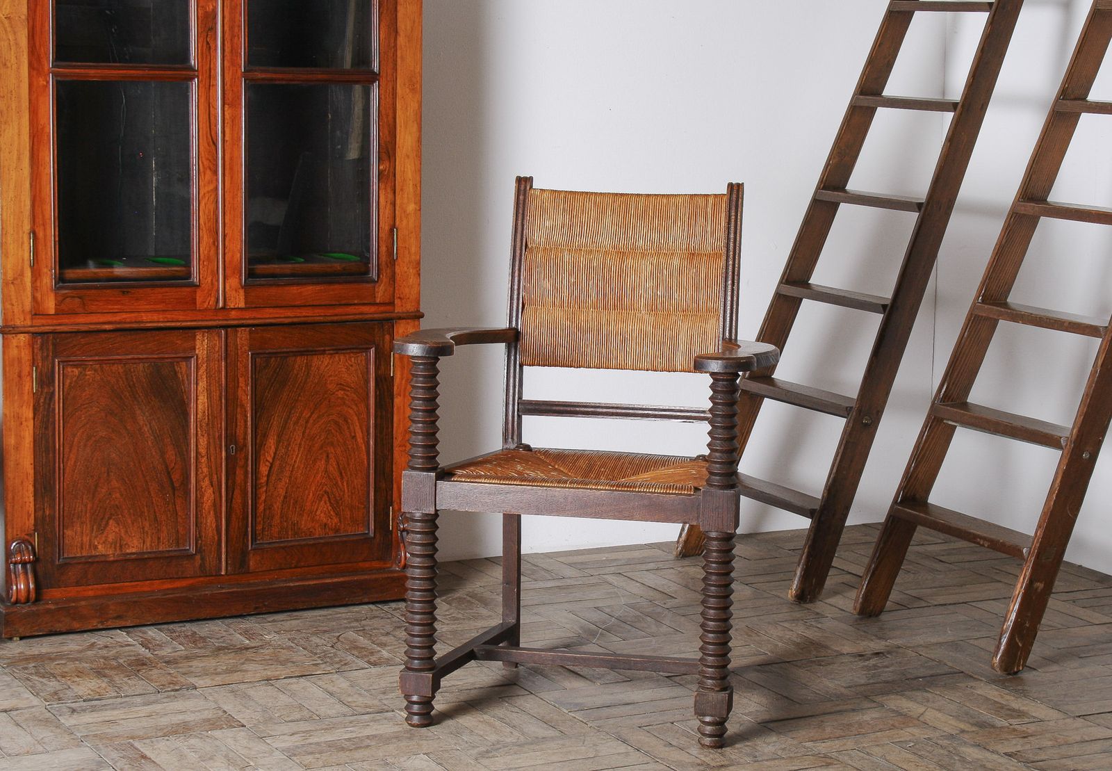 Oak Corkscrew 1950s Armchair With Straw Seat Attributed To Charles Dudouyt photo vinterior