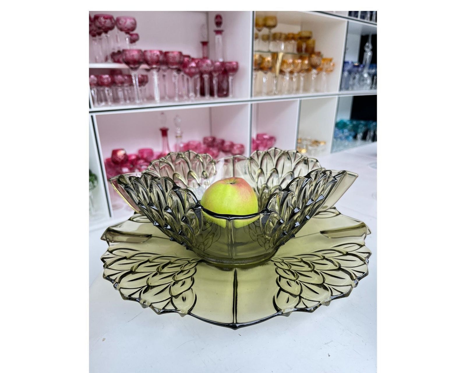 Art Deco Schaal En Bord | Groen Glas Artisjok | 1930 photo buy