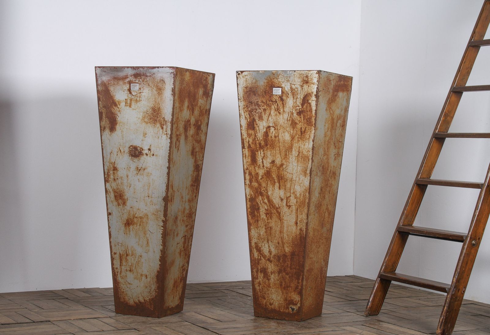 A Pair Of Brutalist Industrial Metal Plant Stands By Poggen Pohl