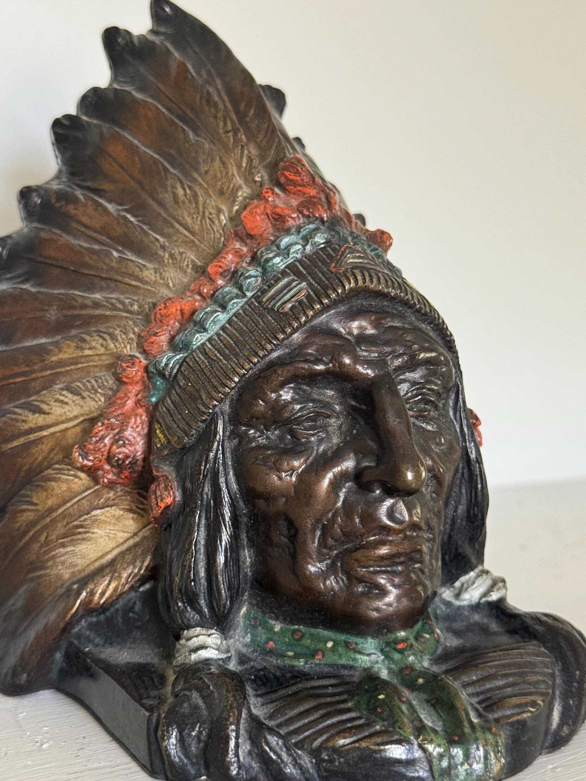Pair Of Native American Chieftain Cold Painted Bronze Bookends Made In Austria 1920s